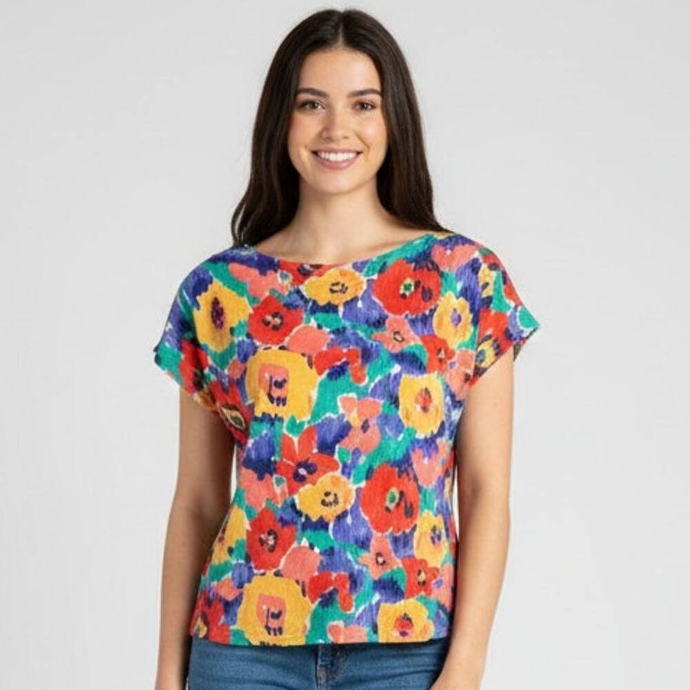 Vintage Aileen Colorful Abstract Floral Top Shoulder Pads Womens Size Medium USA
